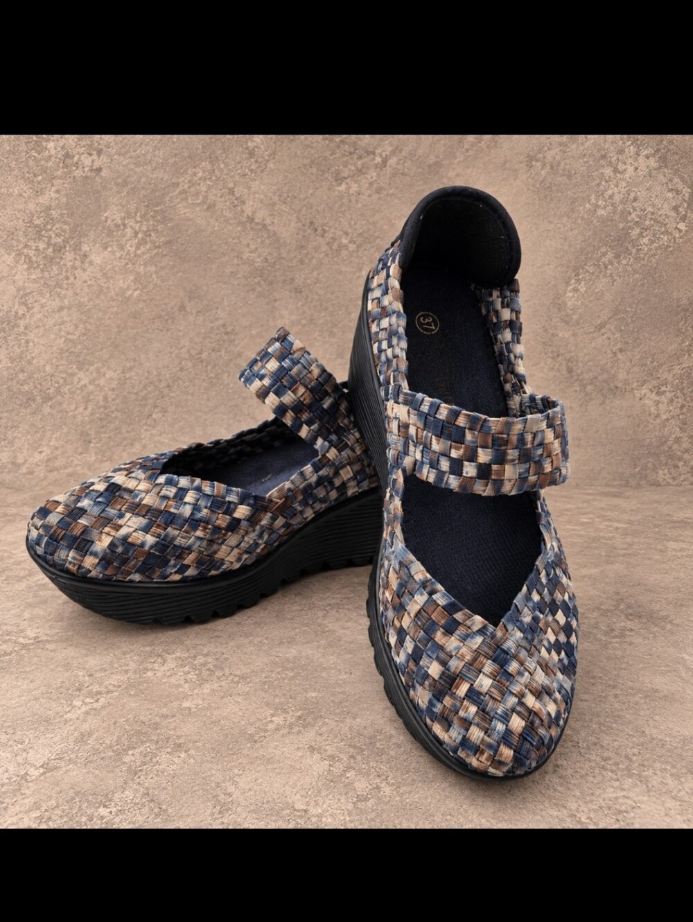 bernie mev. Woven Mary Jane Mules in Navy and Tan